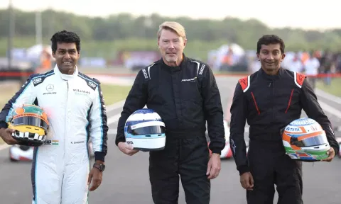 (L-R) Karun Chandhok, Mika Hakkinen and Narain Karthikeyan at the M.I.K.A. track (Photo: Manivasagan N)