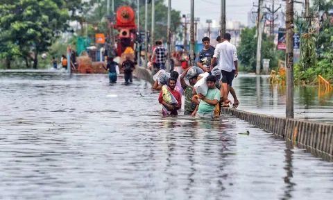 A flooded road in Avadi in Dec 2023 