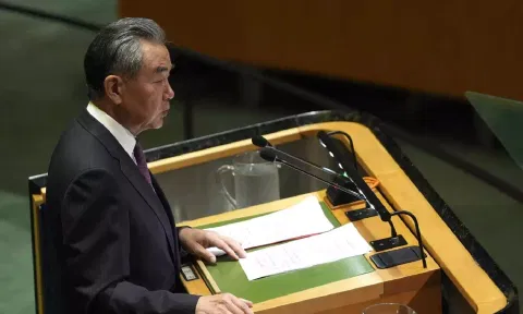 China's Minister for Foreign Affairs Wang Yi addresses the 79th session of the United Nations General Assembly, Saturday (AP)