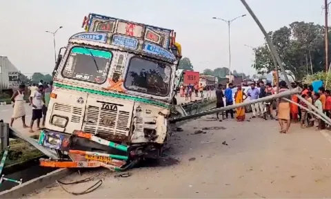 A damaged truck is seen after a collision with a tractor trolley, in Mirzapur district. (PTI)