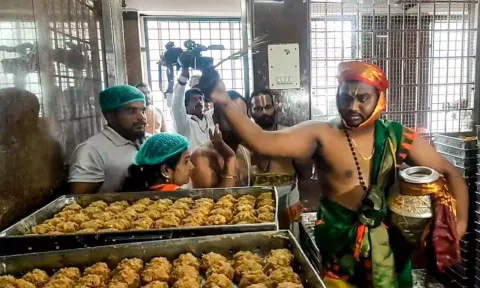 A priest performs the purification ritual 'Shanti Homam Panchagavya Prokshana' to undo the alleged desecrations that occurred at Sri Venkateswara Swamy Temple at Tirumala in Tirupati district, AP (PTI)