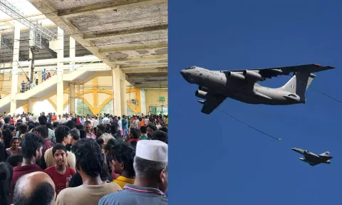 (L-R) People waiting in huge numbers in Velachery railway station (X/@karthi9003), Mirage 2000 during the air show rehearsal (Hemanathan) 