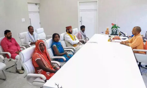Uttar Pradesh Chief Minister Yogi Adityanath meets family members of the person who was killed in Amethi (PTI)