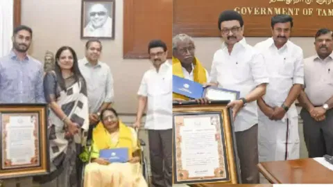 L to R: Suseela with her family, Mu Metha receiving award from CM Stalin (Image/ X)