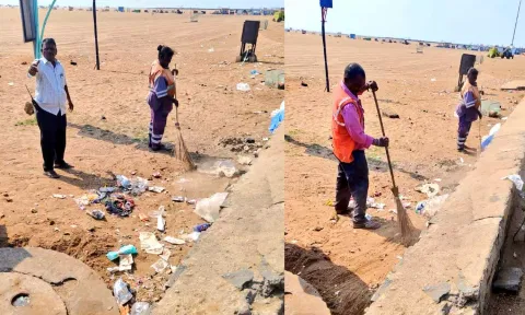 GCC workers cleaning waste at Marina Beach (Photo: X@chennaicorp)