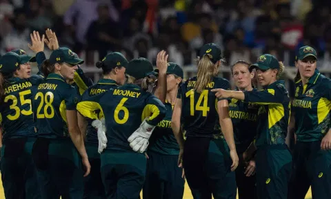 Australian players celebrate the wicket of India's Jemimah Rodrigues during the ICC Women's T20 World Cup 2024 match between India and Australia at Sharjah Stadium (PTI)