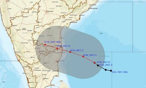 The image released by India Meteorological Department shows the path of the depression that was lying about 440 km from Chennai coast at 11.30 pm on Tuesday