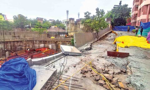 No vehicles were parked on the parking space of an apartment building on Nelson Manickam Road, Aminjikarai, that sank on Tuesday