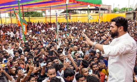  Union Minister and National President of Lok Janshakti Party (Ram Vilas) Chirag Paswan during a public meeting ahead of the Jharkhand Assembly polls (PTI)