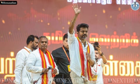 Actor-TVK chief Vijay waves at the crowd at his first state party conference in Vikravandi on Oct 28, 2024. (Photo: Hemanathan.M) 