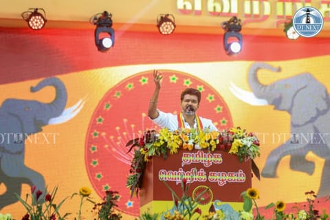 Actor-TVK chief Vijay delivering a fiery speech at his first state party conference. (Photo: Hemanathan M) 