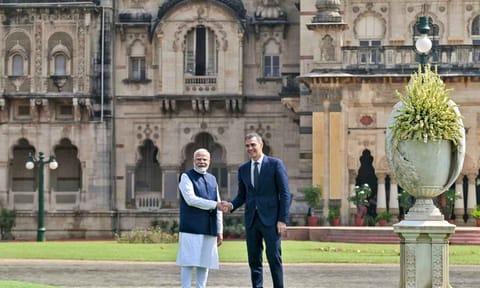 Prime Minister Narendra Modi and Spanish Prime Minister Pedro Sanchez prior to a meeting at the Lukshmi Vilas Palace (PTI)