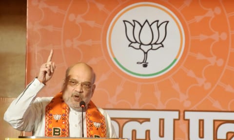 Union Minister and senior BJP leader Amit Shah speaks at the release of the party's Sankalp Patra (election manifesto) for the upcoming Assembly elections, in Ranchi (PTI) 