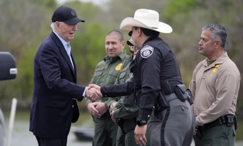 Joe Biden talks with the U.S. Border Patrol and local officials, as he looks over the southern border, Feb. 29, 2024, in Brownsville, Texas, along the Rio Grande (AP)
