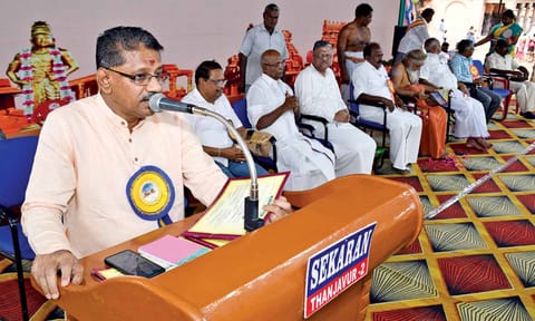 Madras High Court Judge Justice R Suresh Kumar delivering inaugural address at Raja Raja Cholan Sadaya Vizha at Big Temple on Saturday 