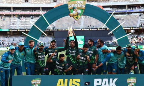 The Pakistan team pose with their trophy after winning their ODI match and series over Australia (PTI) 