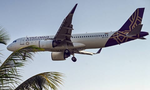 A Vistara aircraft prepares for landing at the Trivandrum International Airport (PTI) 