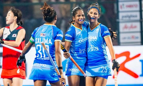 Indian players celebrate after scoring a goal during their Women's Asian Champions Trophy 2024 hockey match between India and South Korea, at Rajgir (PTI) 