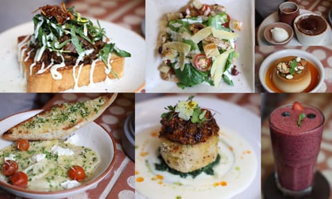 (L to R) Chettinad mushroom brioche toast, Chicken Caesar salad, Berry chocolate souffle, Vegan caramel custard, Caramelised onion and ricotta ravioli, Polenta and Mixed berry smoothie (Manivasagan N)