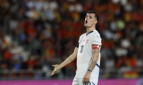 Switzerland's Granit Xhaka reacts during a Nations League soccer match (AP)