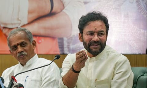  Union Minister G. Kishan Reddy along with J. Nanda Kumar, National Convenor of Pragna Pravah addresses a press conference regarding 'LokManthan 2024 (PTI)