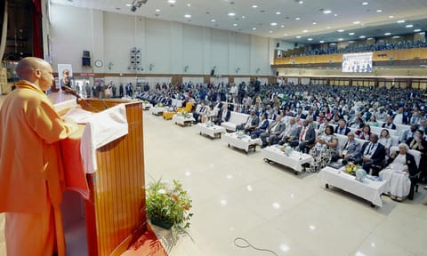  Uttar Pradesh Chief Minister Yogi Adityanath speaks during distribution of appointment letters to Forest Inspectors selected through a recruitment process by the UP Subordinate Services Selection Commission (PTI)