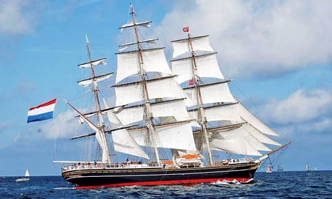 Stad Amsterdam, which operates entirely on wind power, arrived at the Chennai Port with 27 crew members and 8 passengers