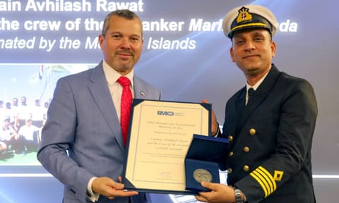  Captain Avhilash Rawat receives the 2024 International Maritime Organisation's (IMO) Award for Exceptional Bravery at Sea in London (PTI)