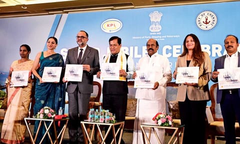 Sarbananda Sonowal, EV Velu and other officials at the silver jubilee celeberations of Kamarajar Port