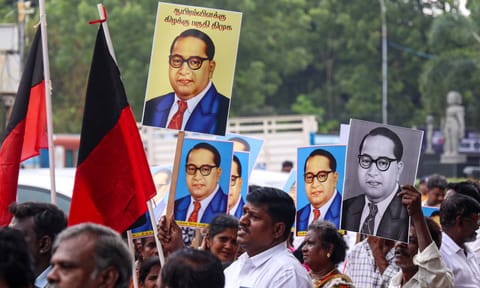 DMK cadre staging a protest against Union Home Minister Amit Shah in Tiruchy on Thursday (Hemanathan.M) 
