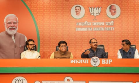 Union Ministers Shivraj Singh Chouhan and Piyush Goyal address a press conference, at BJP HQ in New Delhi, Thursday, Dec. 19, 2024. BJP MP Anurag Thakur is also seen (PTI) 