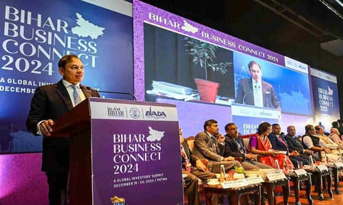 Pranav Adani, Director, Adani Enterprises Ltd speaks at the Bihar Business Connect 2024, in Patna, Friday, Dec. 2024 (PTI) 