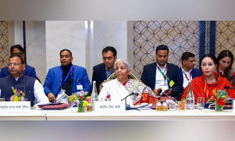 Union Finance Minister Nirmala Sitharaman chairs a meeting on Pre-Budget Consultation with states and union territories (with legislature) for the forthcoming Union Budget 2025-26, in Jaisalmer (PTI) 