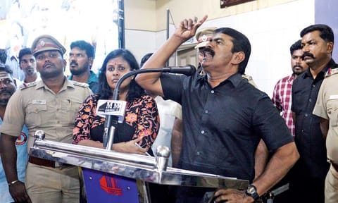Seeman addressing during Tamilnadu Pollution Control Board public opinion meeting in Tiruvottiyur on Friday (Photo: Ashish.P) 
