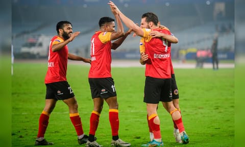 Dimitrios Diamantakos celebrates after scoring the goal 
