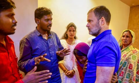 Congress MP Rahul Gandhi on Monday met the family of Parbhani resident Somnath Suryavanshi (PTI) 