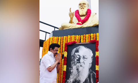 CM Stalin after garlanding Periyar statue (PTI) 
