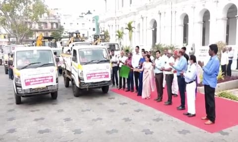 Mayor R Priya on Tuesday flagged off 59 vehicles as part of the first phase of an intensive cleaning drive (screengrab/X) 