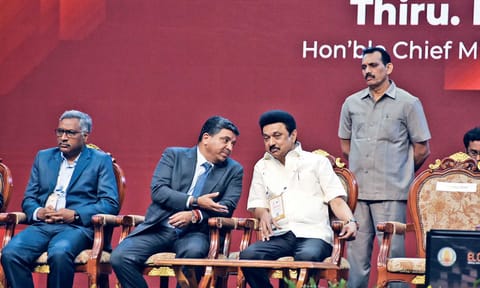 CM Stalin with IT Minister PTR at the Umagine TN 2025 Summit (Photo: Justin George) 