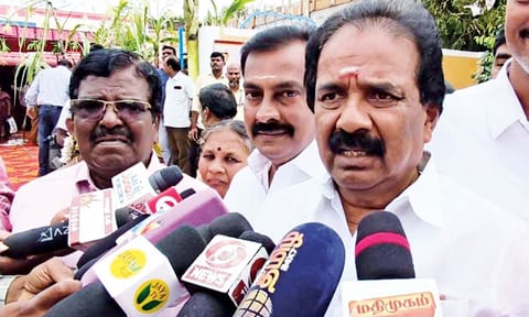 Mayor Mu Anbalagan speaking to reporters in Tiruchy 