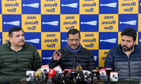 Aam Aadmi Party (AAP) Chief Arvind Kejriwal addresses a press conference, in New Delhi, Saturday, Jan. 11, 2025. AAP leaders Sanjay Singh and Durgesh Pathak are also seen (PTI) 