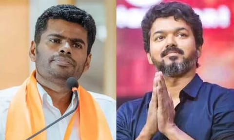 (L-R) BJP Tamil Nadu President K Annamalai ; TVK chief Vijay (Daily Thanthi)