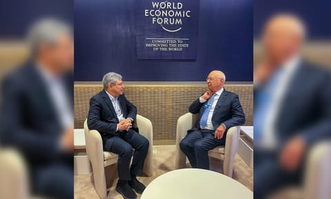 Union Minister Ashwini Vaishnaw during a meeting with Founder and Chairman of the World Economic Forum (WEF) Klaus Schwab on the sidelines of the WEF?s Annual Meeting, in Davos, Switzerland (PTI) 