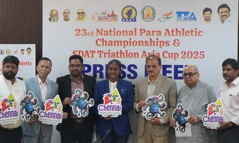 General Secretary of Indian Paralympic Committee Jayavanth Gundu, Secretary of Tamil Nadu Paralympic Sports Association Kripakara Raja, President of Tamil Nadu Triathlon Association Ramachandran, Paris Paralympic silver medalist Thulasimathi Murugesan, Additional Chief Secretary Atulya Misra and Member Secretary Meghanathan Reddy are seen during the event