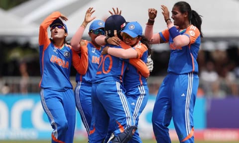 U-19 Women's team players celebrate after a wicket (X)