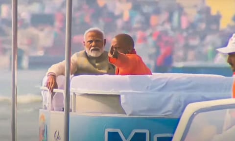 Prime Minister Narendra Modi with Uttar Pradesh Chief Minister Yogi Adityanath during a visit to Maha Kumbh Mela, in Prayagraj (PTI)