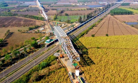  View of a 100m long and 14.3 m wide steel bridge built between Kim and Sayan for the Mumbai-Ahmedabad Bullet Train project, in Surat, Gujarat (PTI) 