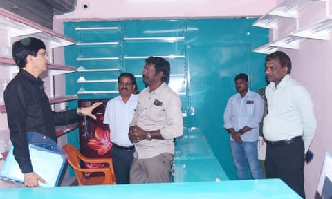 Additional CS Dr J Radhakrishnan inspecting a CM’s pharmacy to be set up in Tiruchy 
