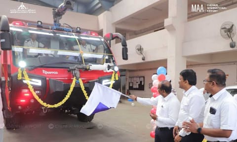  Airport Director CV Deepak inaugurated fire engine vehicles and ambulances at Chennai airport