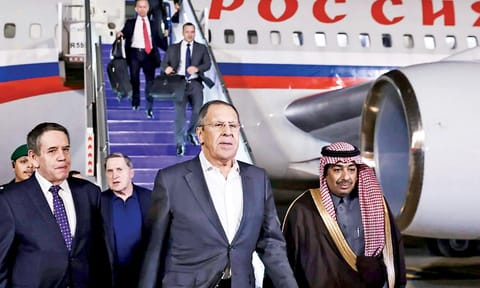 Russian Foreign Minister Sergey Lavrov (centre) arriving in Riyadh for the US-Russia talks over Ukraine